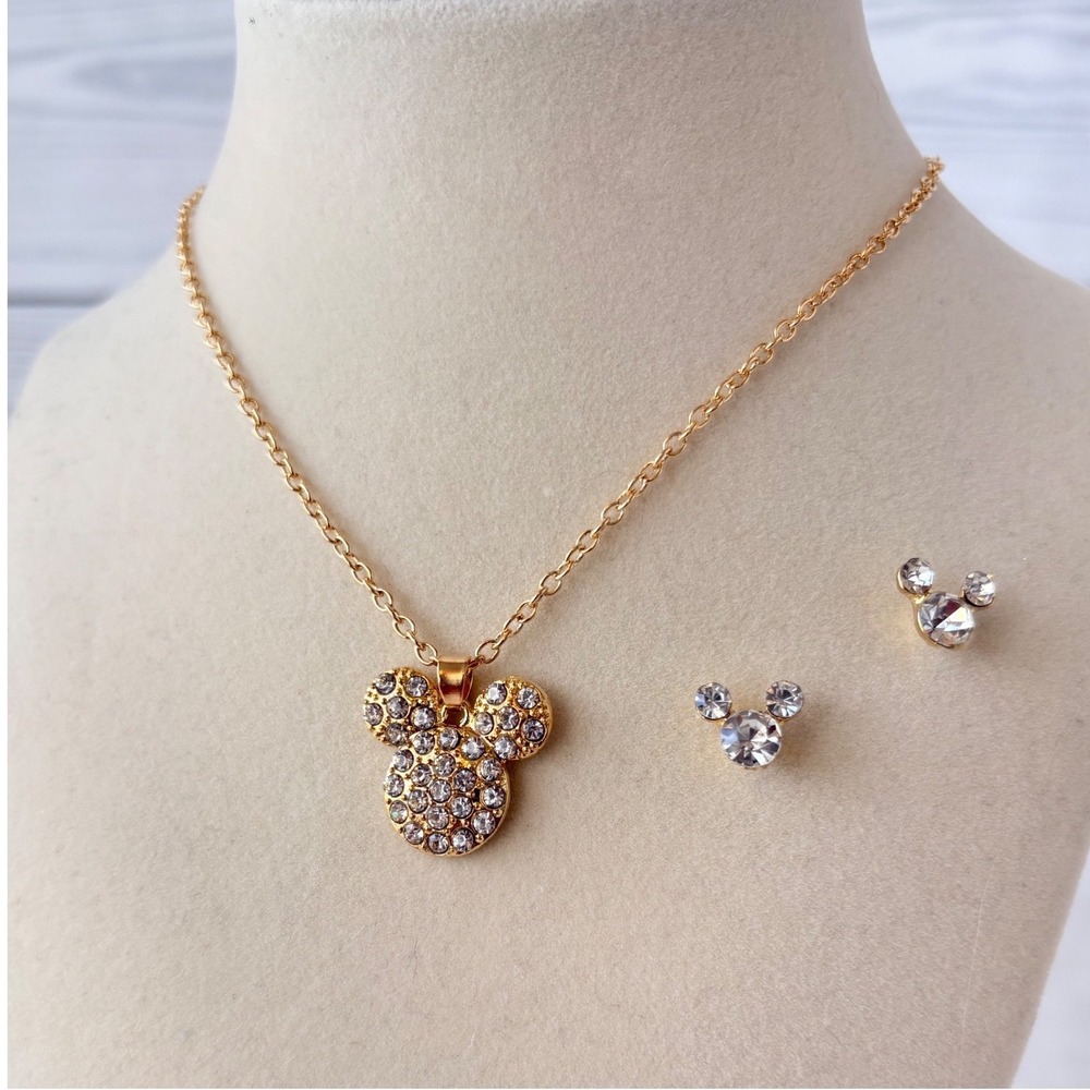 Mickey Mouse Rhinestone Necklace and Earring Set‎ Gold Tone Jewelry